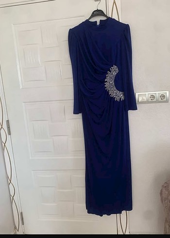 Uzun Kollu Drapeli Mavi Abiye Elbise - Görsel 2