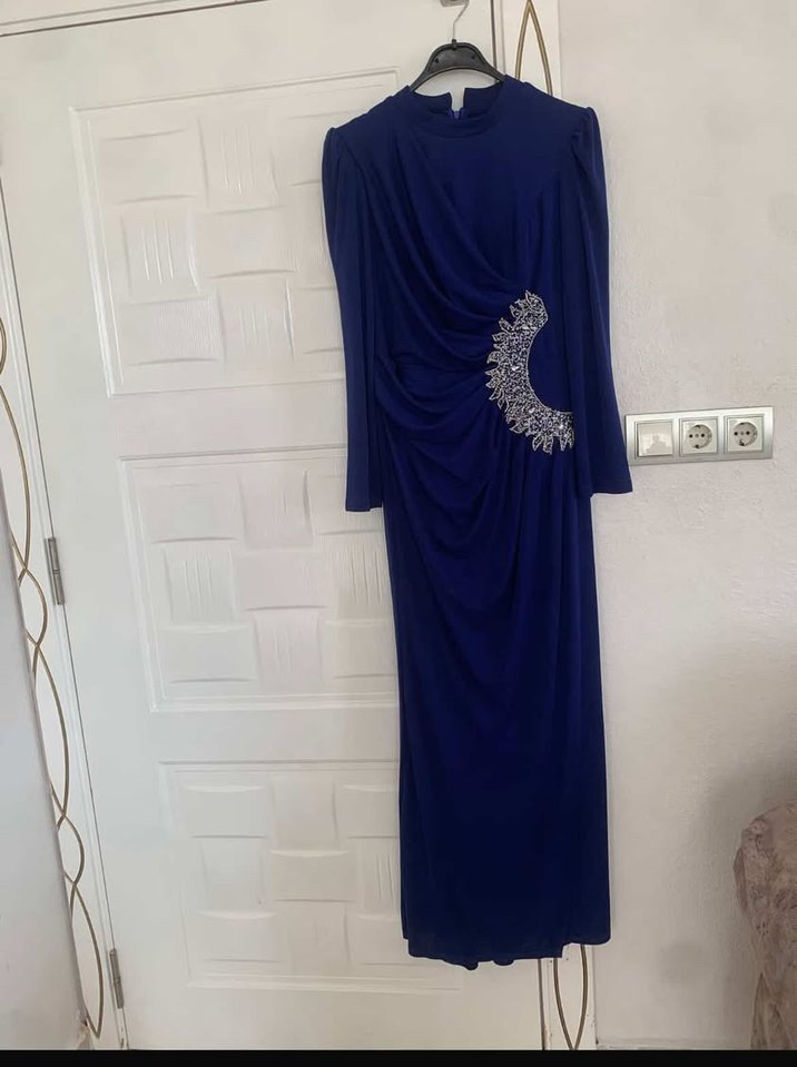 Uzun Kollu Drapeli Mavi Abiye Elbise - Görsel 2