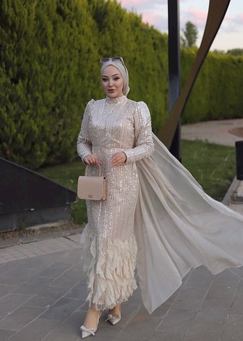 Uzun Kollu Beyaz Drapeli Abiye Elbise - Görsel 2