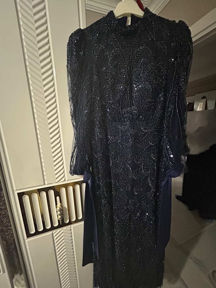 Lacivert Uzun Kollu Gotik Drapeli Elbise - Görsel 2