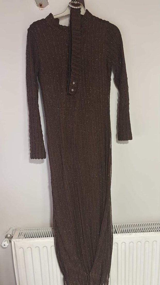 Kahverengi Bohem Örme Uzun Elbise - Görsel 3