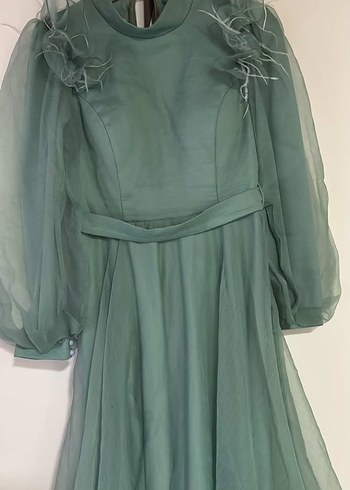 Uzun Kollu Drapeli Yeşil Abiye Elbise - Görsel 3