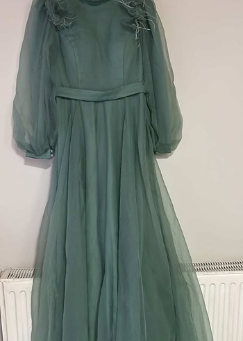 Uzun Kollu Drapeli Yeşil Abiye Elbise - Görsel 2