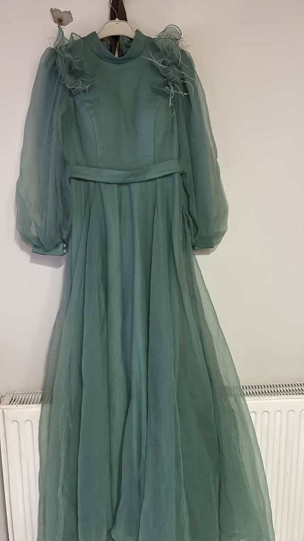 Uzun Kollu Drapeli Yeşil Abiye Elbise - Görsel 2