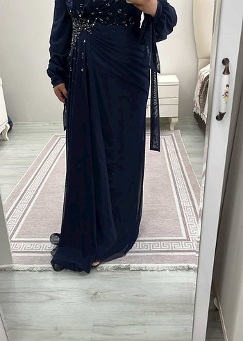 Nakışlı Lacivert Uzun Kollu Abiye Elbise - Görsel 2