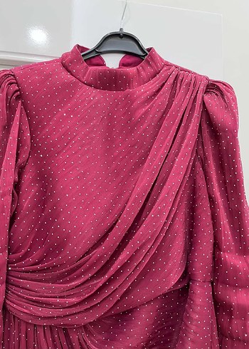 Bordo Uzun Drapeli Yüksek Yakalı Kadın Elbise - Görsel 4