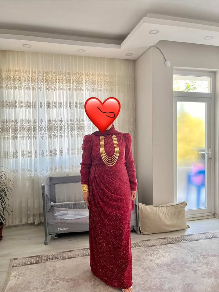 Bordo Uzun Drapeli Yüksek Yakalı Kadın Elbise - Görsel 2