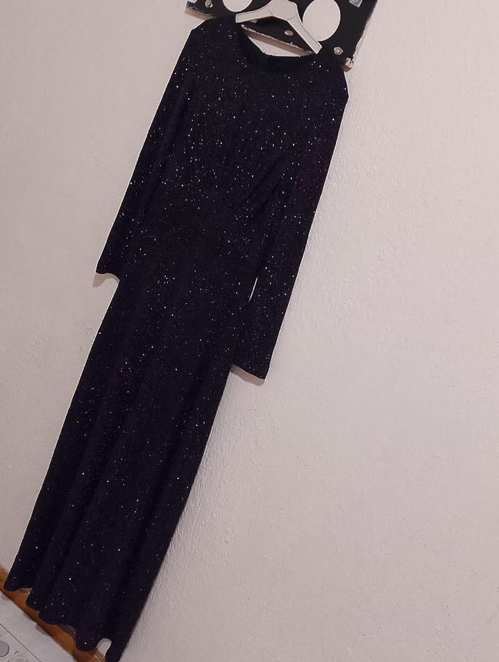 Kadın Siyah Uzun Kollu Triko Abiye Elbise - Görsel 4