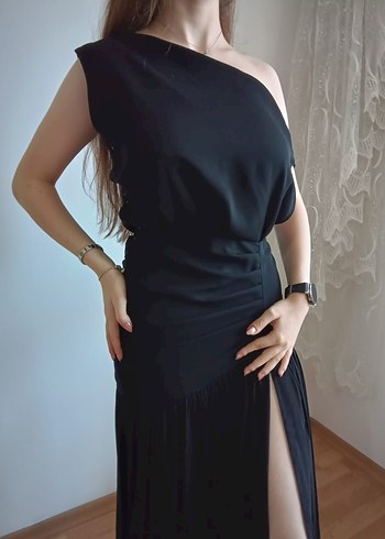 36 Beden siyah Renk Siyah Drapeli Uzun Kadın Elbise