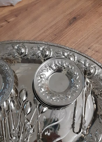 Gümüş  İşlemeli Parlak Tepsi ve Kaşık Seti 12 li - Görsel 2