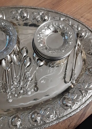 Gümüş  İşlemeli Parlak Tepsi ve Kaşık Seti 12 li - Görsel 4