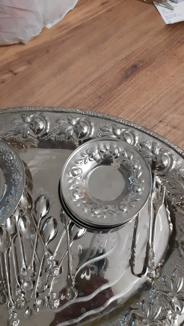 Gümüş  İşlemeli Parlak Tepsi ve Kaşık Seti 12 li - Görsel 2