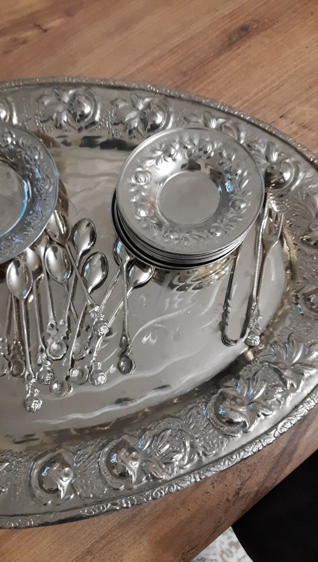 Gümüş  İşlemeli Parlak Tepsi ve Kaşık Seti 12 li - Görsel 4