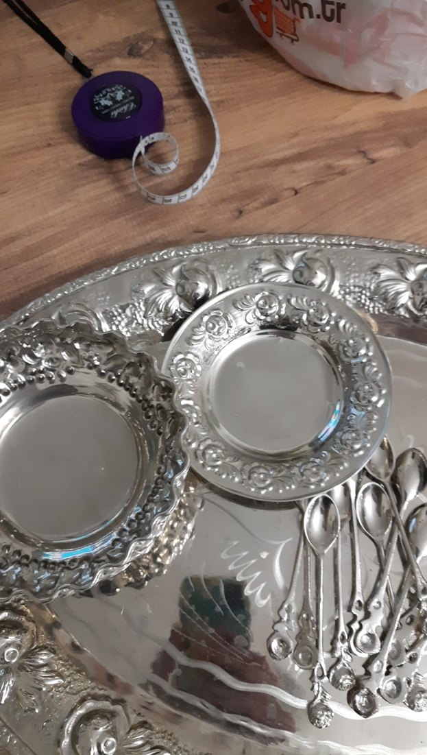 Gümüş  İşlemeli Parlak Tepsi ve Kaşık Seti 12 li - Görsel 3