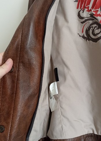 Düğmeli Kahverengi Deri Biker Ceket - Görsel 6