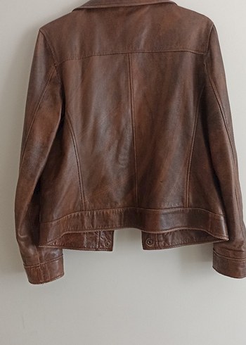 Düğmeli Kahverengi Deri Biker Ceket - Görsel 5