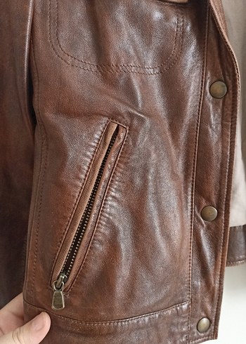 Düğmeli Kahverengi Deri Biker Ceket - Görsel 4