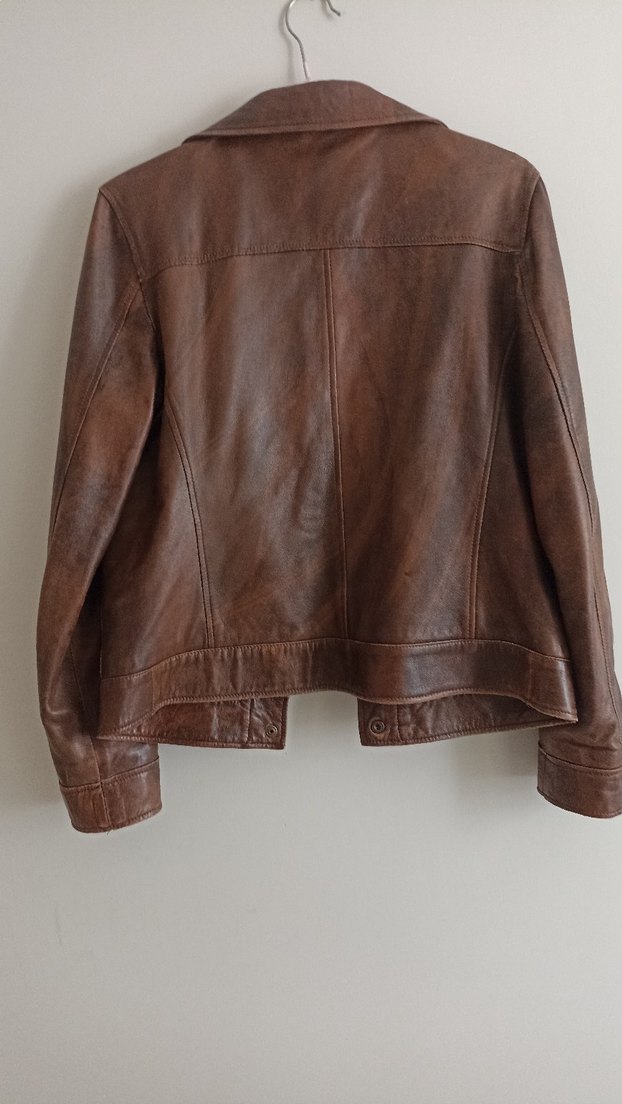 Düğmeli Kahverengi Deri Biker Ceket - Görsel 5