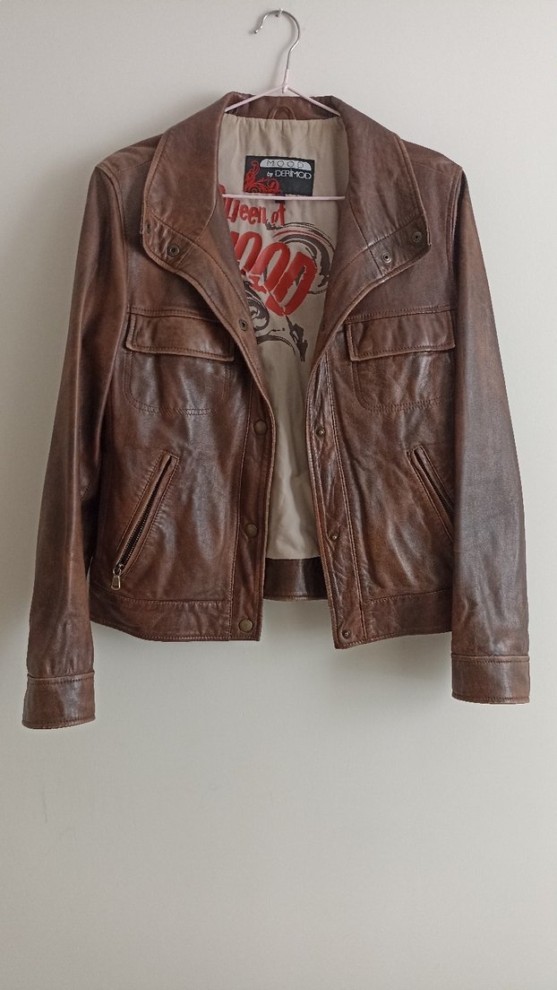 Düğmeli Kahverengi Deri Biker Ceket - Görsel 2