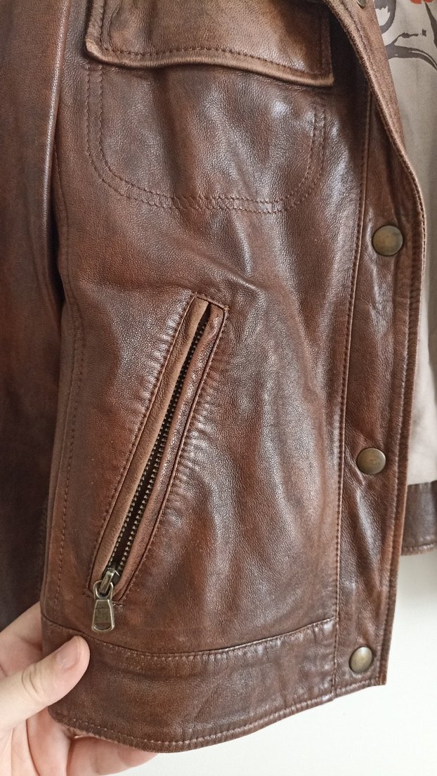 Düğmeli Kahverengi Deri Biker Ceket - Görsel 4