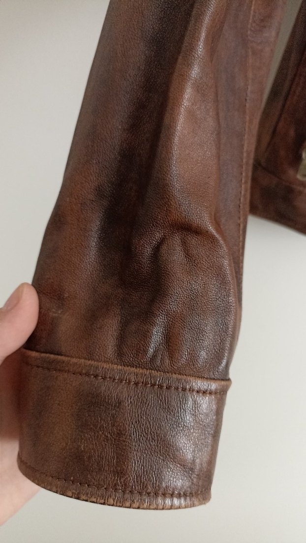 Düğmeli Kahverengi Deri Biker Ceket - Görsel 3