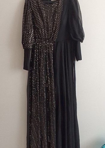 Uzun Kollu Siyah Payetli V Yaka Elbise - Görsel 2