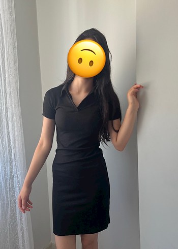 m Beden Siyah Mini Polo Yaka Kalem Elbise