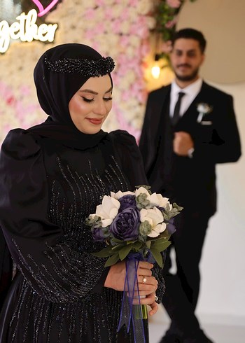 l Beden Lacivert Nişanlık / Sözlük Uzun Kollu Gotik Notalı Drape Abiye