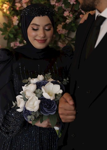 Pınar Şems Lacivert Nişanlık / Sözlük Uzun Kollu Gotik Notalı Drape Abiye