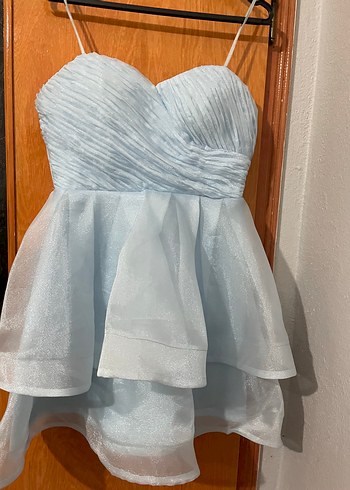 Abiye Mavi Mini Straplez Pilili Abiye Elbise