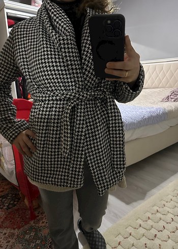 Gri Kuşaklı Ekose Desenli Midi Ceketi - Görsel 2