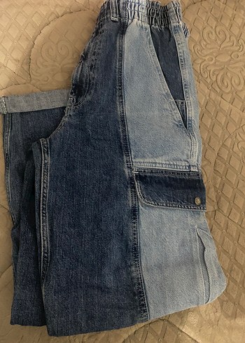 Kadın Geniş Kesim Renk Bloklu Denim Pantolon