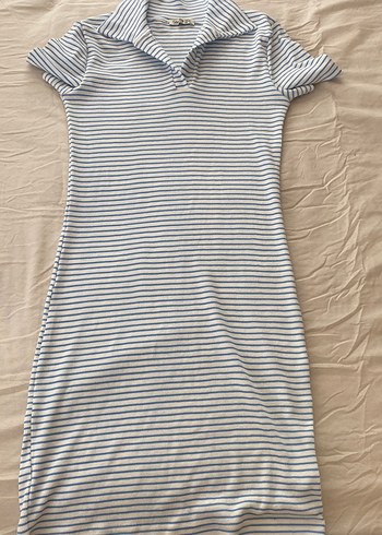 Çizgili Polo Yaka Kısa Kollu Midi Elbise
