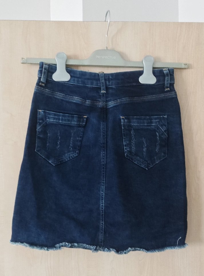 Koyu Mavi Denim Kemerli Mini Etek - Görsel 2