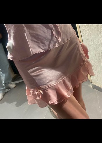 s Beden pembe Renk Pembe Mini şortlu Saten Etek
