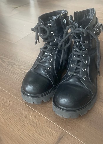 Çocuk Siyah gerçek deri Deri Tokalı Goth Botlar - Görsel 2