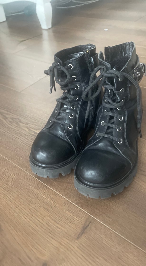 Çocuk Siyah gerçek deri Deri Tokalı Goth Botlar - Görsel 2