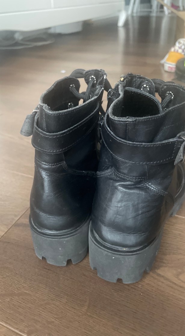 Çocuk Siyah gerçek deri Deri Tokalı Goth Botlar - Görsel 4