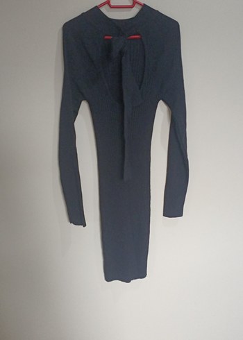 Kadın Koyu Gri V Yaka Uzun Kollu Triko Elbise - Görsel 2