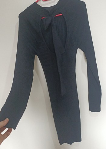 Kadın Koyu Gri V Yaka Uzun Kollu Triko Elbise - Görsel 5