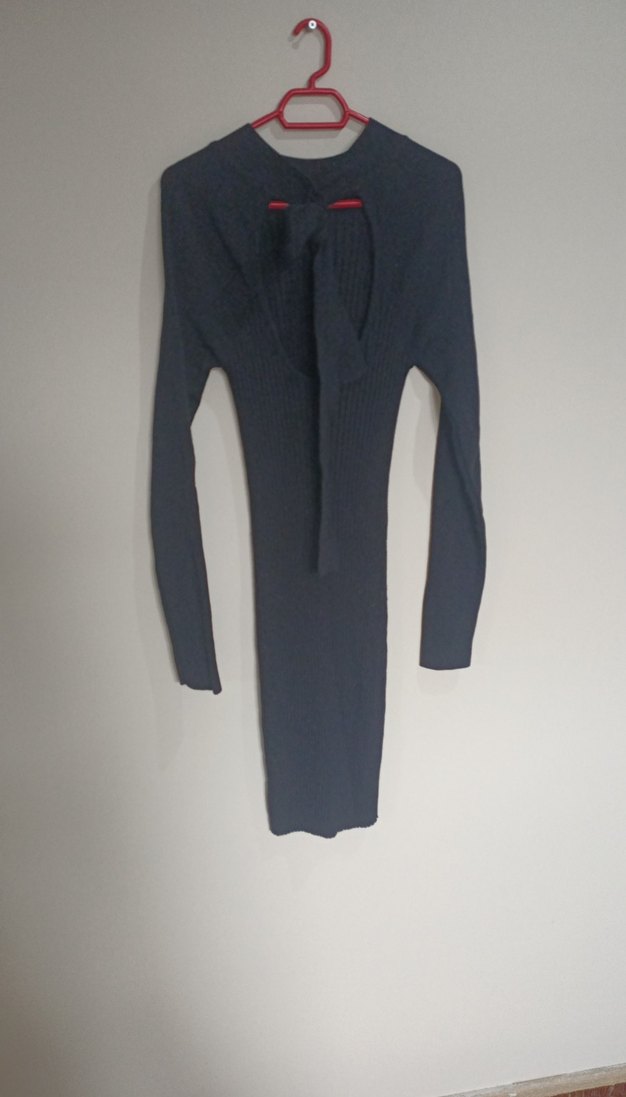 Kadın Koyu Gri V Yaka Uzun Kollu Triko Elbise - Görsel 2