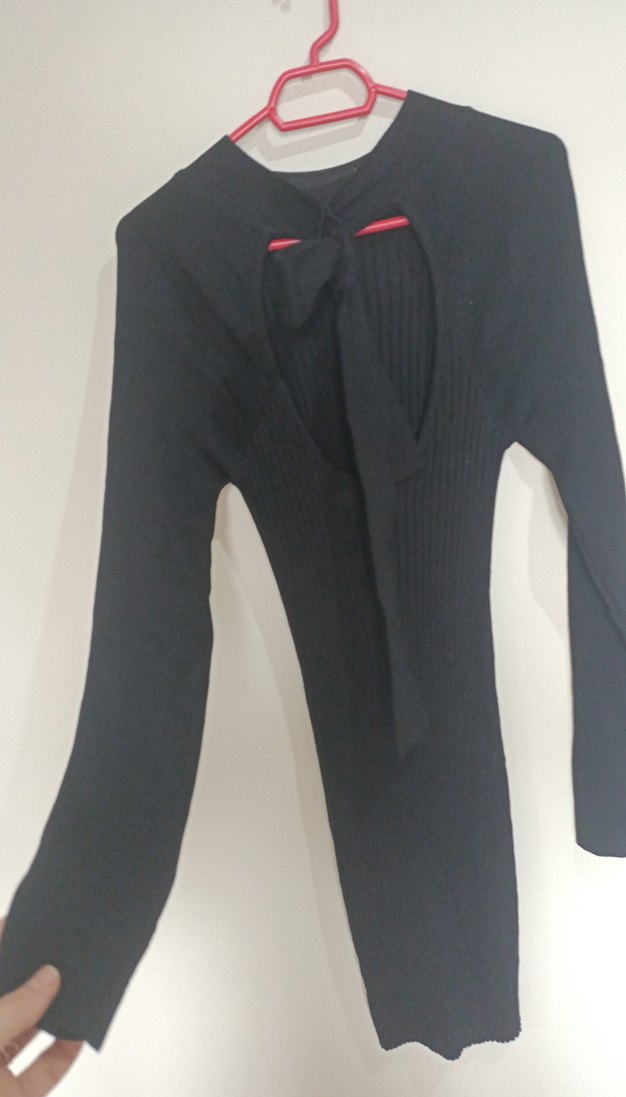 Kadın Koyu Gri V Yaka Uzun Kollu Triko Elbise - Görsel 4