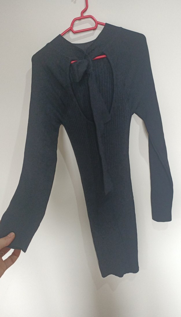 Kadın Koyu Gri V Yaka Uzun Kollu Triko Elbise - Görsel 5