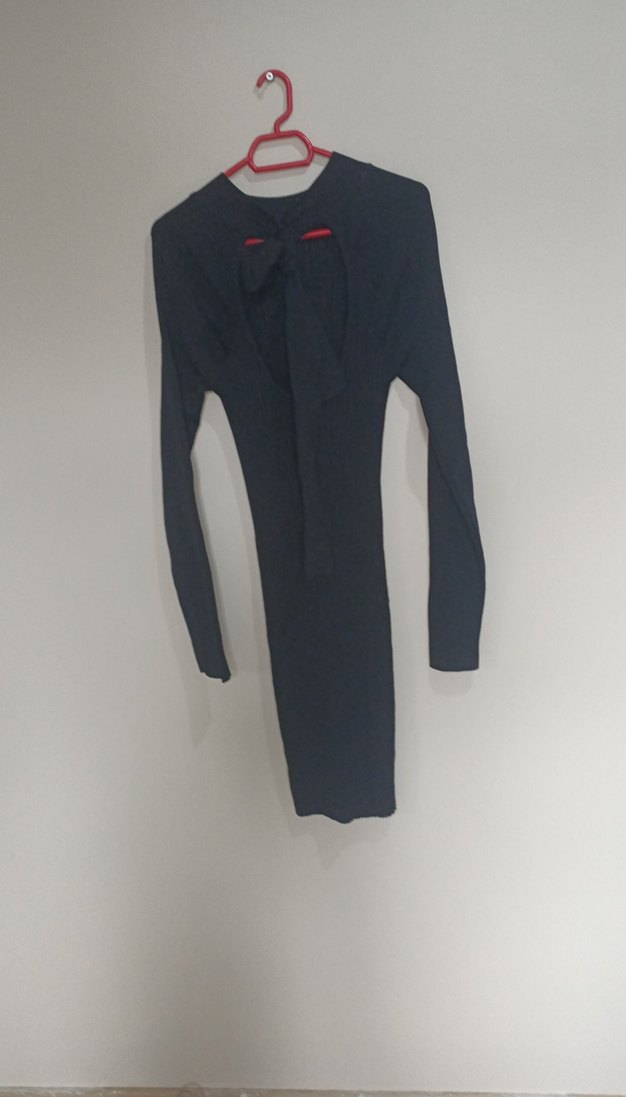 Kadın Koyu Gri V Yaka Uzun Kollu Triko Elbise - Görsel 3