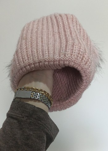 Pembe Kürklü Örgü Kadın Bere - Görsel 2