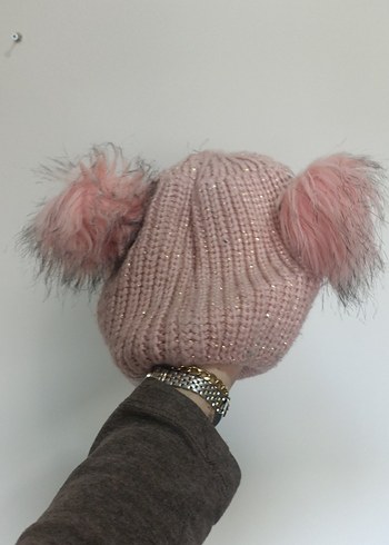 Pembe Kürklü Örgü Kadın Bere - Görsel 4