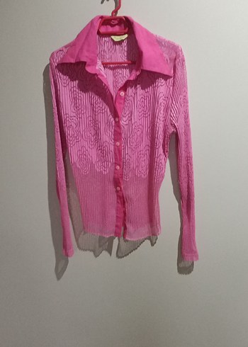 Pembe Pilili Uzun Kollu Keten Gömlek - Görsel 2