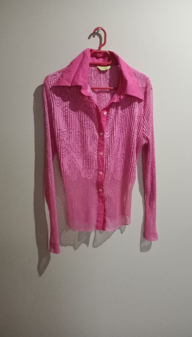 Pembe Pilili Uzun Kollu Keten Gömlek - Görsel 3