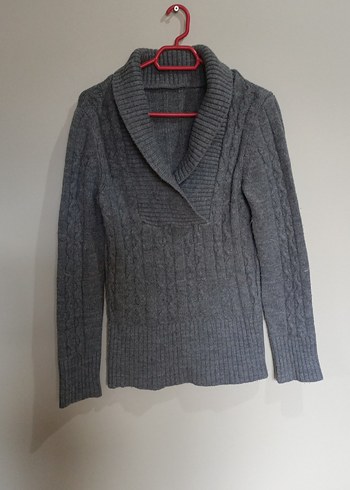 Gri Örgü Yaka Detaylı Kadın Kazak - Görsel 3