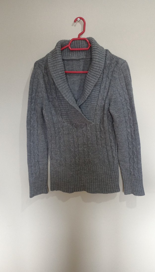 Gri Örgü Yaka Detaylı Kadın Kazak - Görsel 4